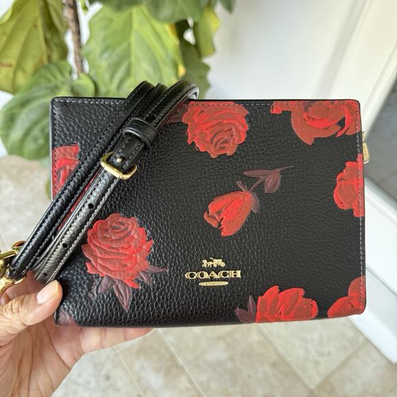 Coach Slim Crossbody Bag With Floral Print Black/Red CCI76 New